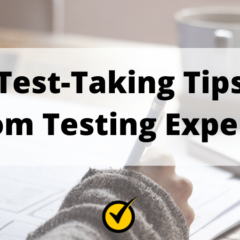 test taking tips from experts text over a hand writing on a paper