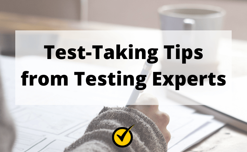 test taking tips from experts text over a hand writing on a paper